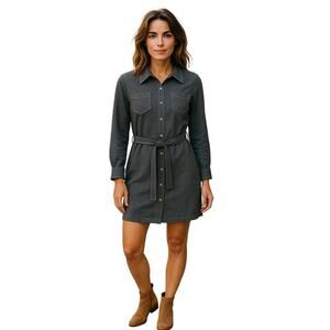 Vintage Fritzi Women's Soft Belted Button Up Shirt Dress Size M Gray Long Sleeve